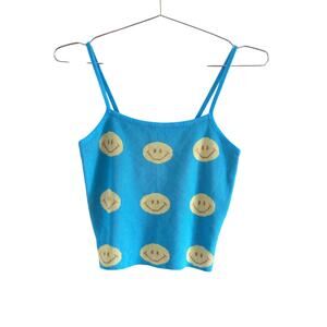 Colorful Natalie Happy Smiley Face Babe Crop Cami Tank Top Size XS Blue Yellow